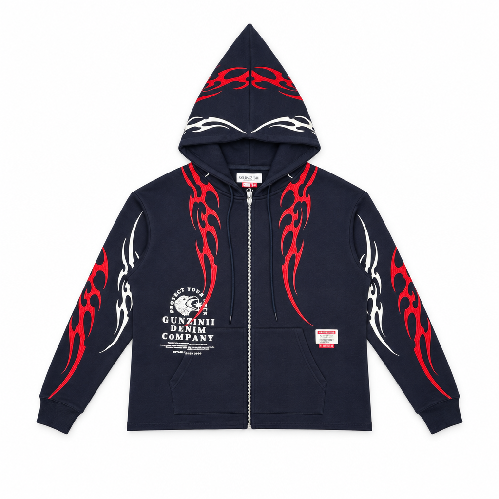 Gunzinii denim co full zip hoodie